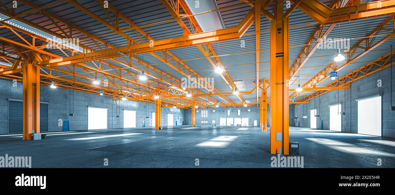 Geräumiges und leeres Industrielager mit leuchtender orangefarbener Stahlstruktur. 3D-Rendering Stockfoto