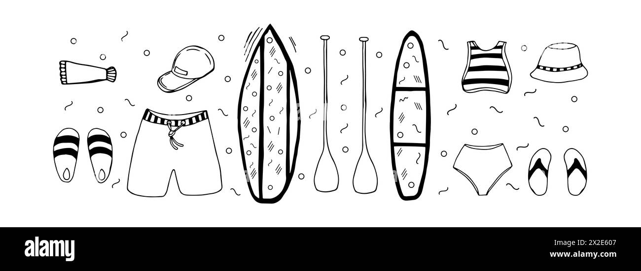 Set aus Damen-Strandbekleidung und Herren-Strandbekleidung mit Paddelbrett. Handgezeichnete Skizzen im Stil einer Kunstkritzelei. Illustration mit Schwarz und weiß Stockfoto