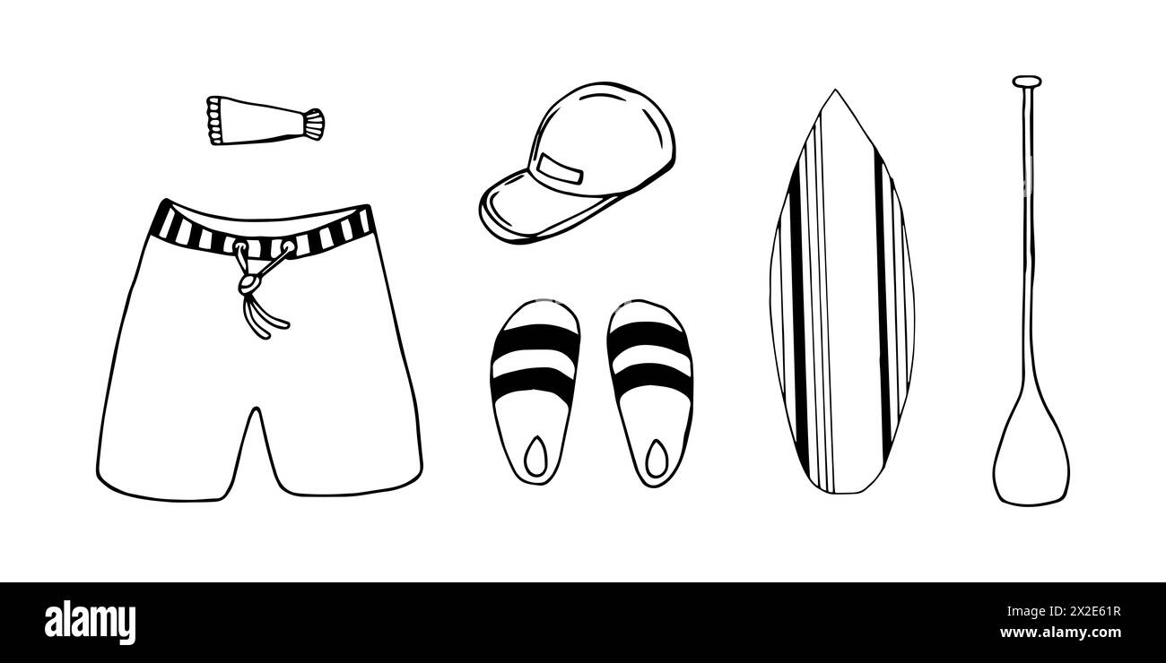 Set aus Herren-Strandbekleidung mit Paddelbrett. Handgezeichnete Skizzen im Stil einer Kunstkritzelei. Abbildung in Schwarzweiß. Stockfoto