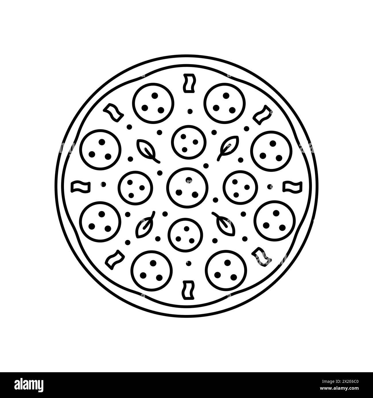 Vector ganze leckere Pizza italienisches Fast Food. Salami, Peperoni. Lieferservice, Fast Food. Skizze mit Umrissstil. Umrissskizze auf weißem Hintergrund Stockfoto
