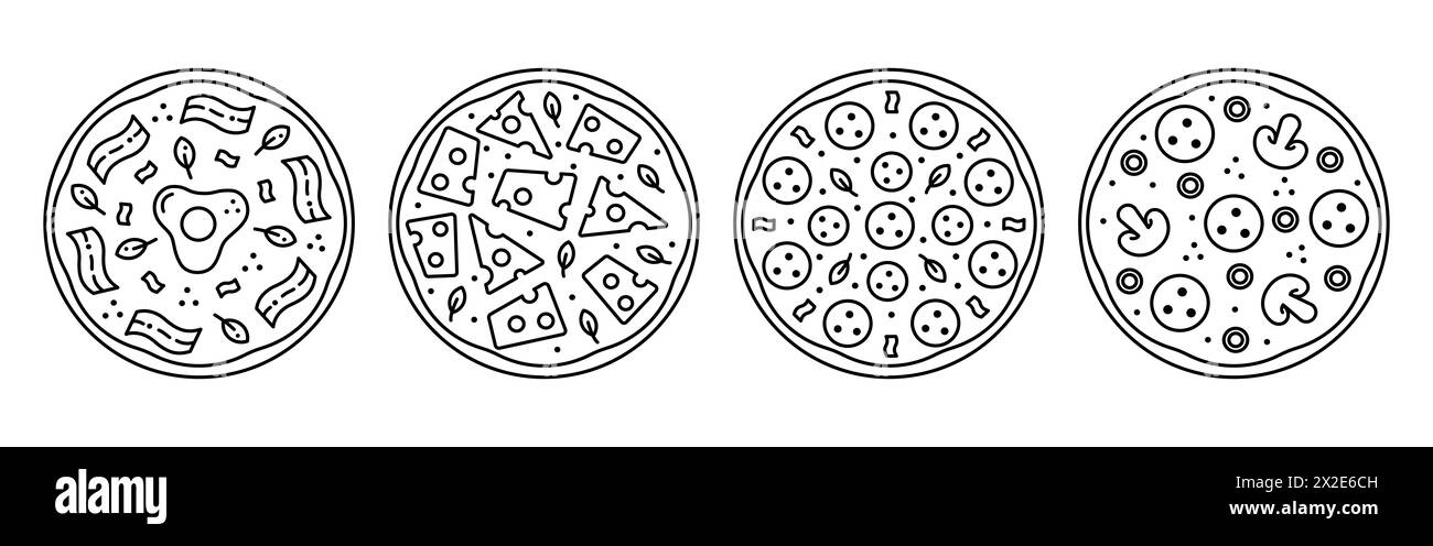 Legen Sie das Symbol für leckere Pizzalinien fest. Pizzeria-Lieferservice. Redaktioneller Schlaganfall. Carbonara, Käse, Salami, Peperoni, Pilze. Stockfoto