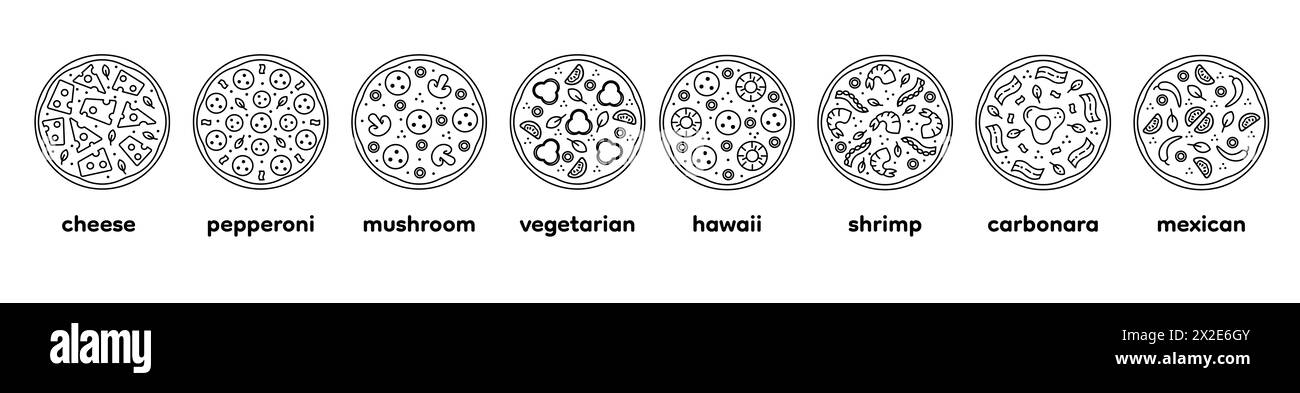 Legen Sie das Symbol für leckere Pizzalinien fest. Pizzeria-Lieferservice. Redaktioneller Schlaganfall. Carbonara, Käse, Salami, Peperoni, Pilze, hawaii, Garnelen, Meeresfrüchte, mex Stockfoto