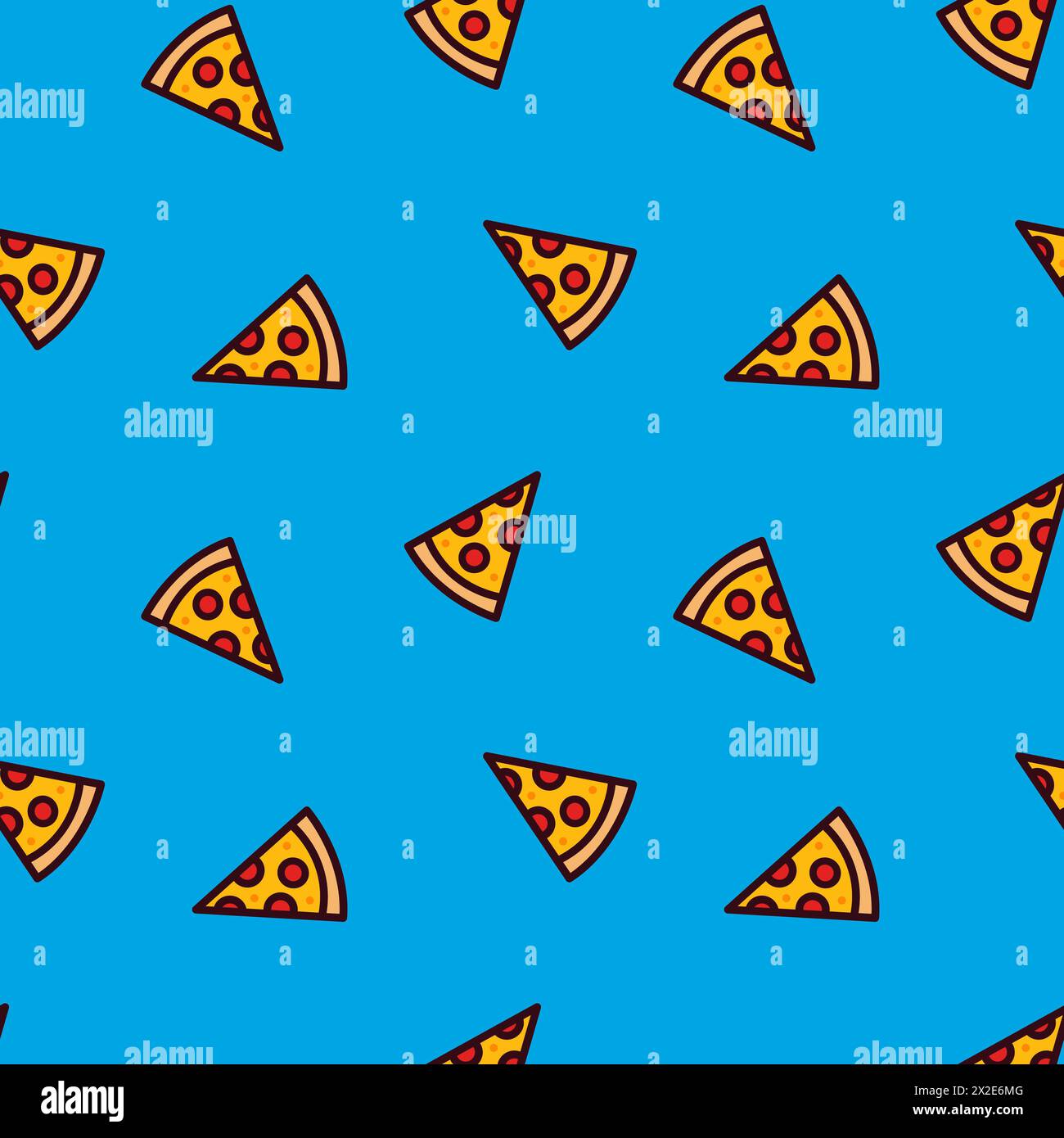 Nahtloses Muster für Pizza-Pepperoni. Vektorillustration isoliert auf blauem Hintergrund. Für Hintergrund, Einladung, Grußkarte. Einfache flache Grafik Stockfoto