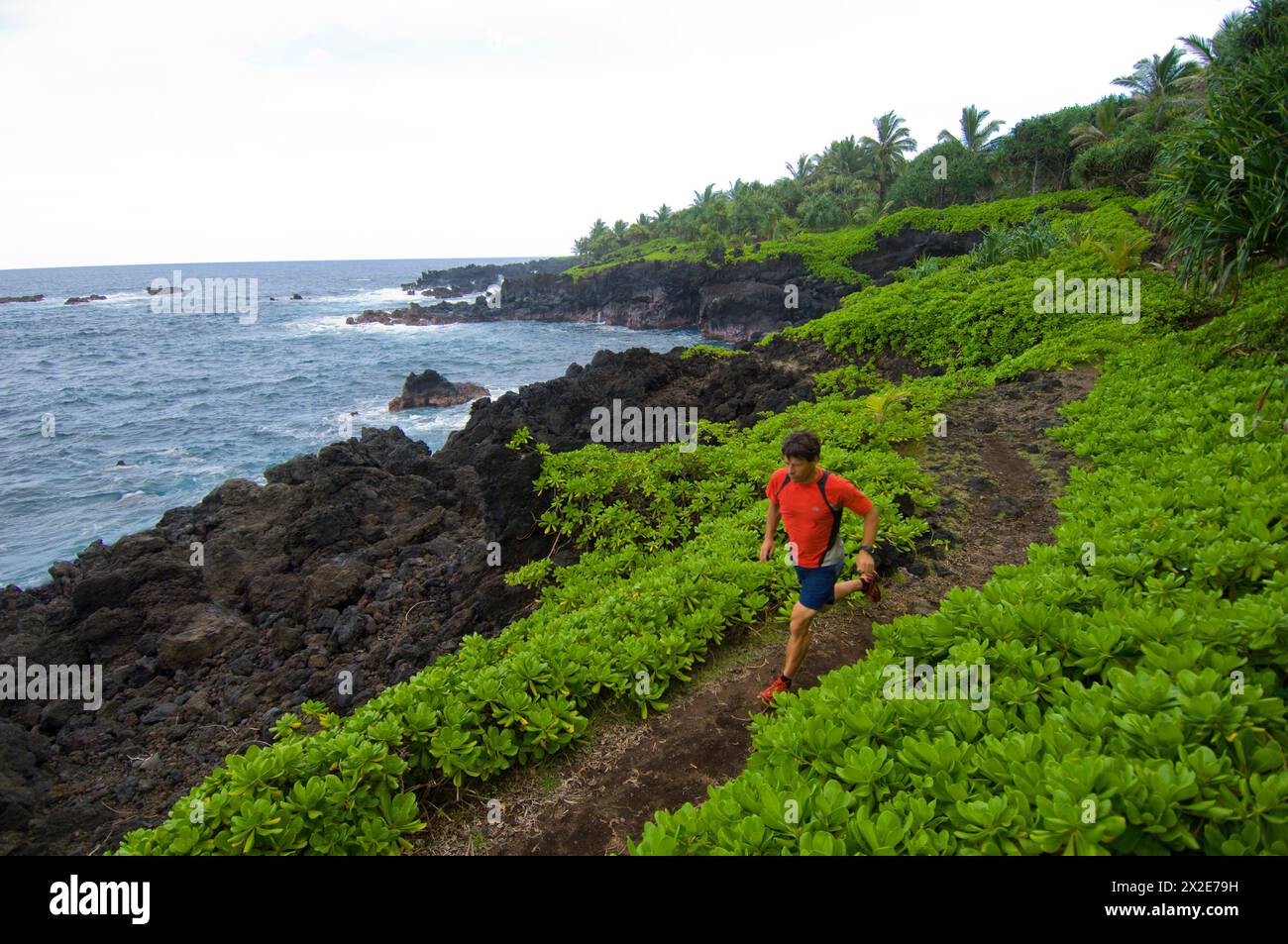 Mann, der auf dem Waianapanapa Trail entlang der Küste bei Hana auf der Insel Maui, Hawaii, läuft Stockfoto