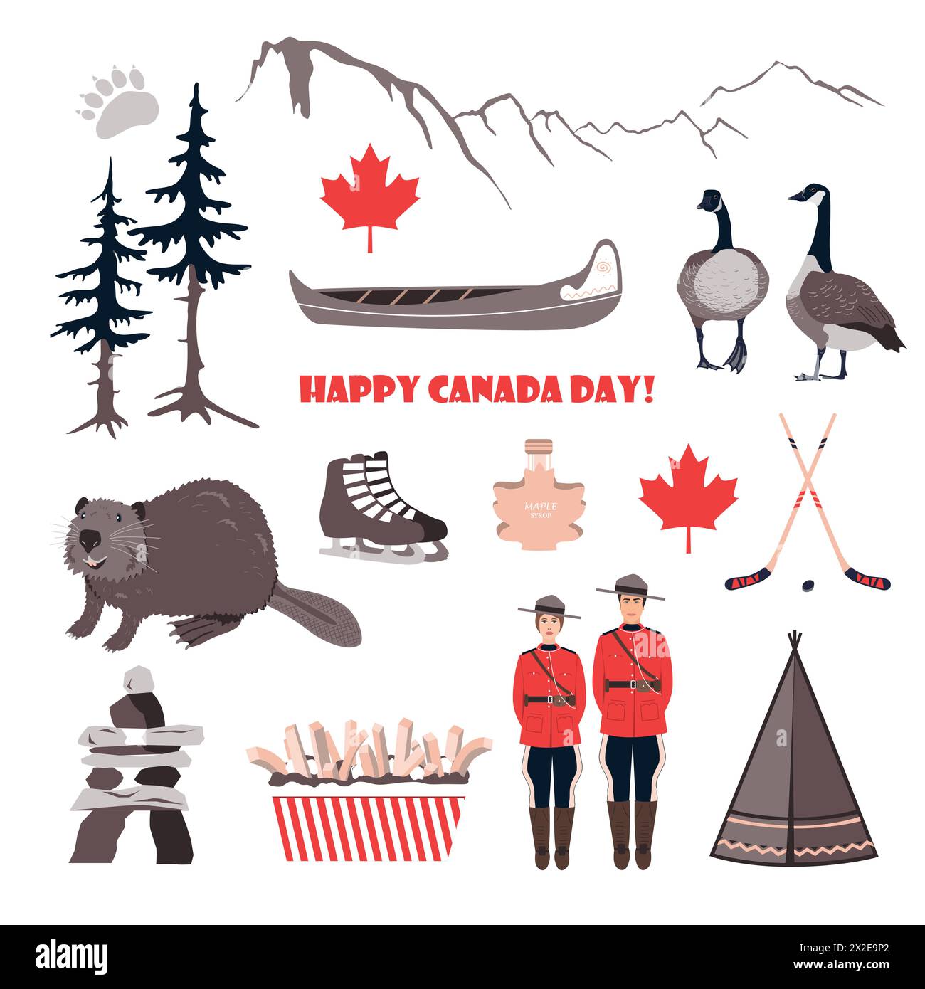 Kanadische Symbole wie Biber, Gans, Kanu, Tipi, Hockey, königliche Polizei, Ahornblätter und Berge. Happy National Day of Canada. Vektor Stock Vektor