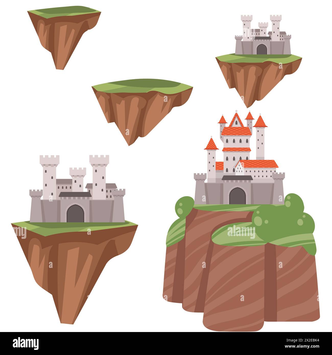 Set aus mittelalterlicher Fantasy-Burg aus Stein mit Türmen Tor, die auf einem hohen Berg Vektor-Illustration isoliert auf weißem Hintergrund stehen Stock Vektor
