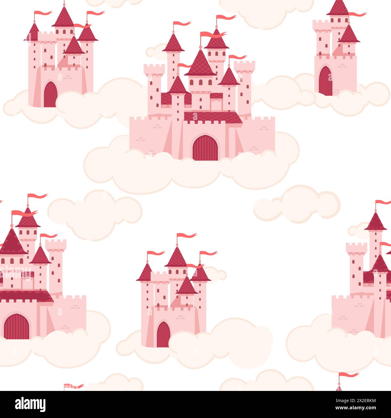 Nahtloses Muster der mittelalterlichen Fantasy-Steinburg mit Türmen und Tor, die im Himmel auf weißer Wolkenvektorillustration auf weißem Hintergrund schweben Stock Vektor