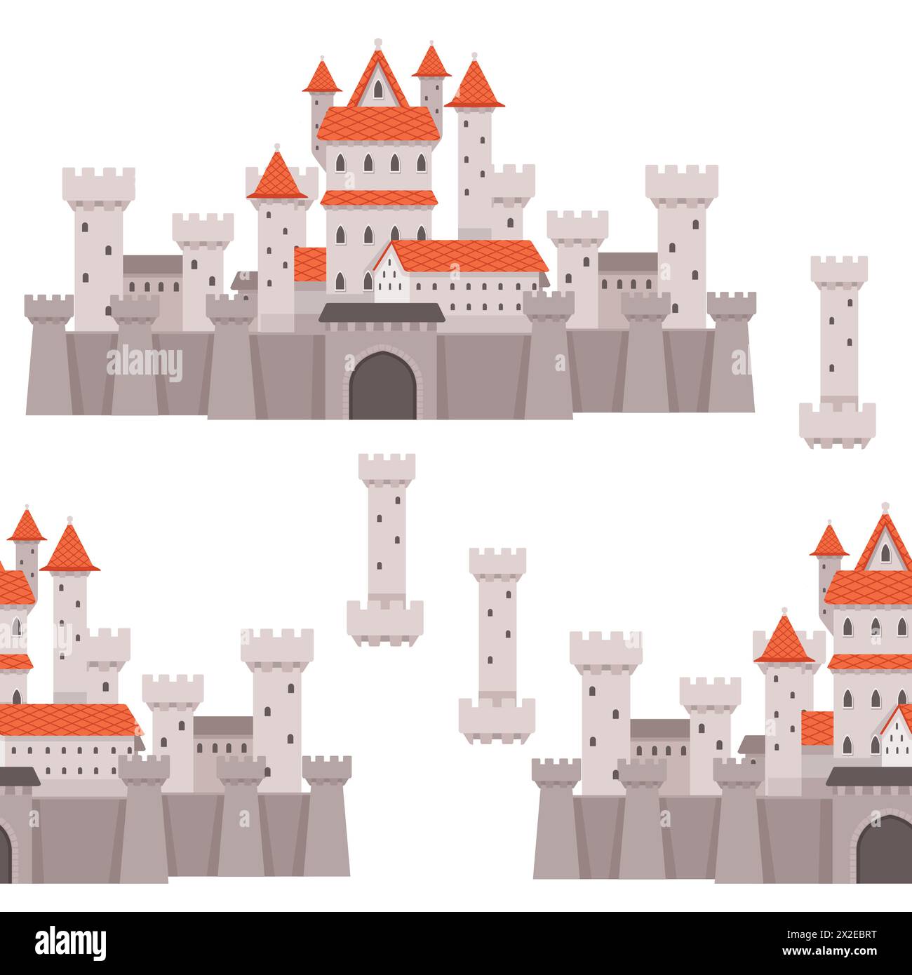 Nahtloses Muster der mittelalterlichen Fantasy-Steinburg mit Türmen und Tor-Stil-Vektor-Illustration auf weißem Hintergrund Stock Vektor