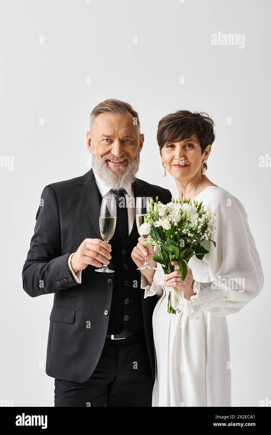 Eine Braut und ein Bräutigam mittleren Alters in Hochzeitskleidern stehen nebeneinander und halten Weingläser, während sie auf ihren besonderen Tag anstoßen. Stockfoto