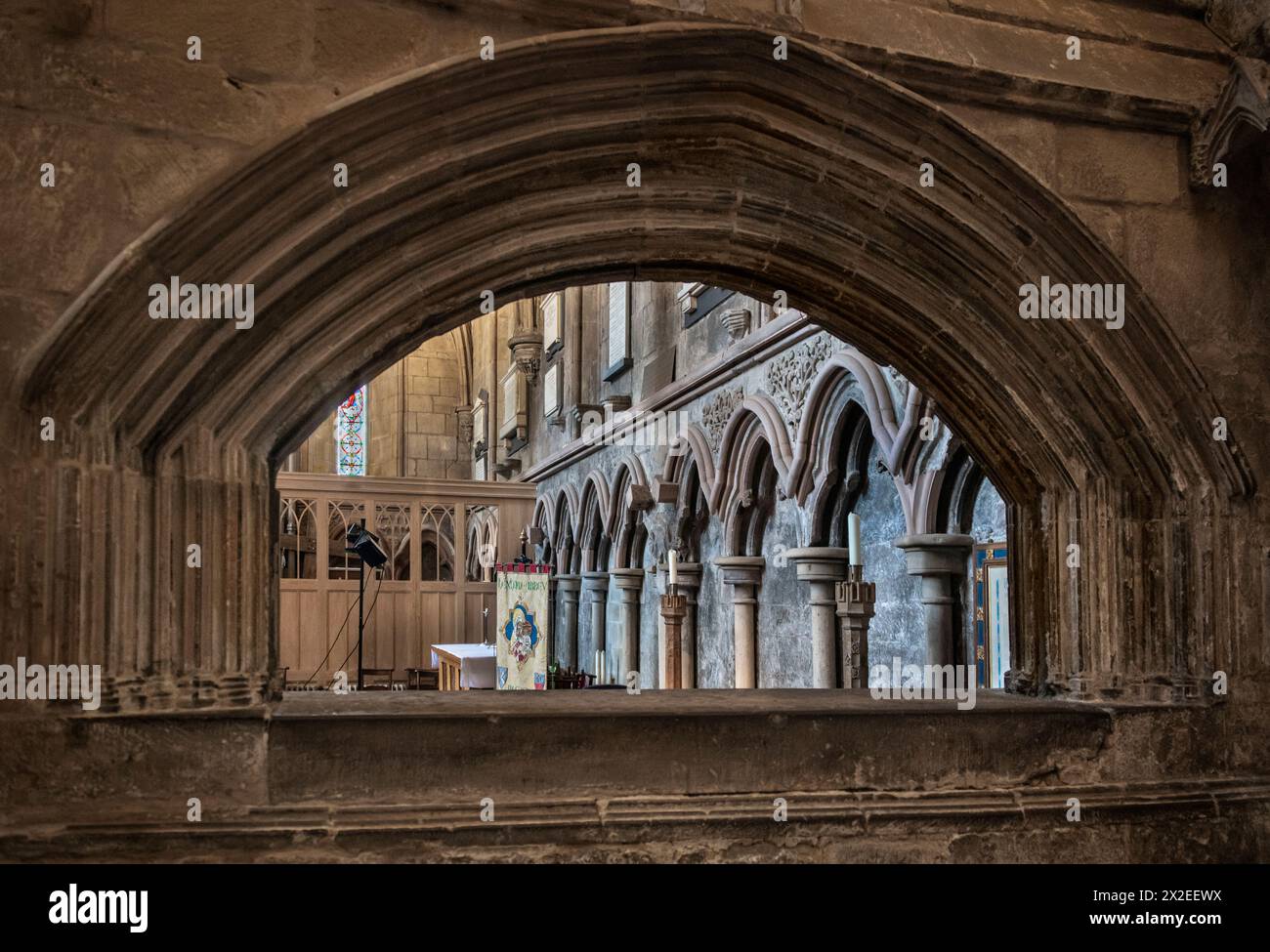 Hexham Abbey ist eine denkmalgeschützte Kirche, die St. Andrew in der Stadt Hexham, Northumberland, im Nordosten Englands gewidmet ist. Stockfoto
