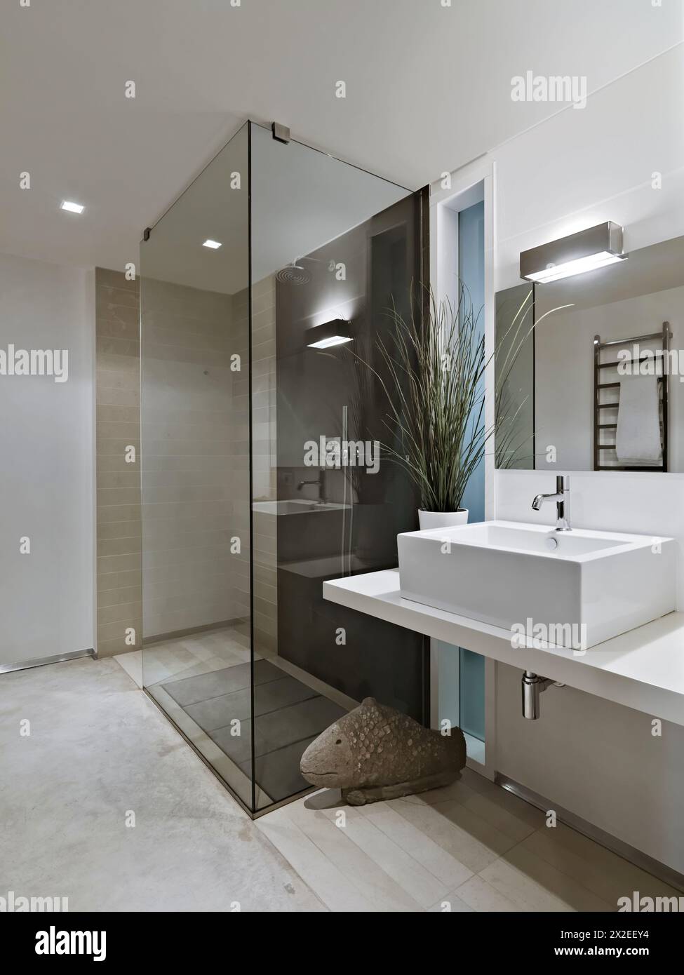 Innenaufnahmen eines modernen Badezimmers im Vordergrund, Waschbecken und Glasdusche Stockfoto