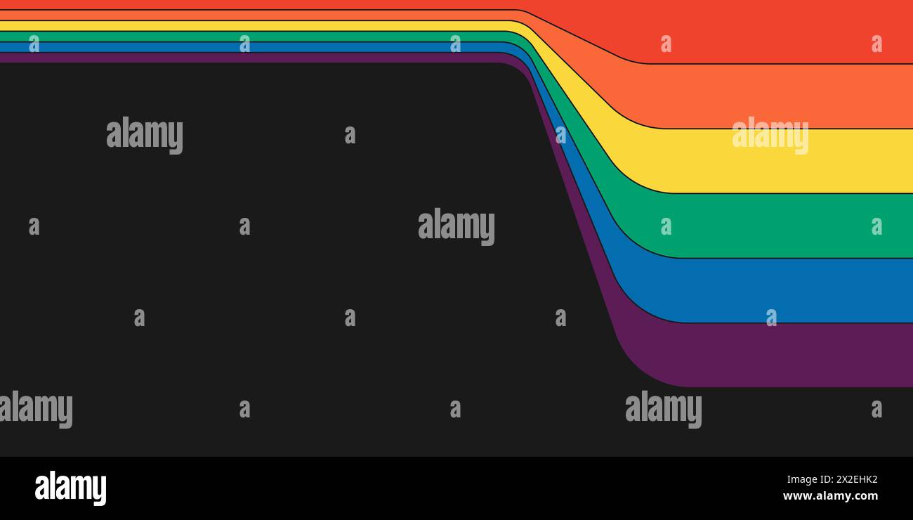 Horizontales Banner im Retro-Regenbogenfarben mit Streifenmuster. Geometrischer Hippie-Regenbogen mit perspektivischem Flow-Druck. Abstrakte, spektrale irisierende Vintage-Hippie-Streifen. Trendige, minimalistische Disco-Art y2k farbenfrohe Kunst Stock Vektor
