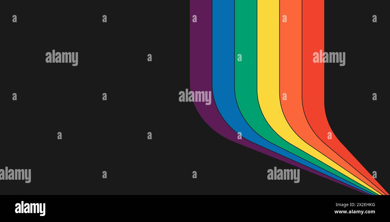 Horizontales Banner im Retro-Regenbogenfarben mit Streifenmuster. Geometrische Hippie-Regenbogen-Abdeckung mit perspektivem Fluss. Abstrakte, spektrale irisierende Vintage-Hippie-Streifen. Trendige Minimalismus Disco-Stil y2k farbenfrohe Kunst Stock Vektor
