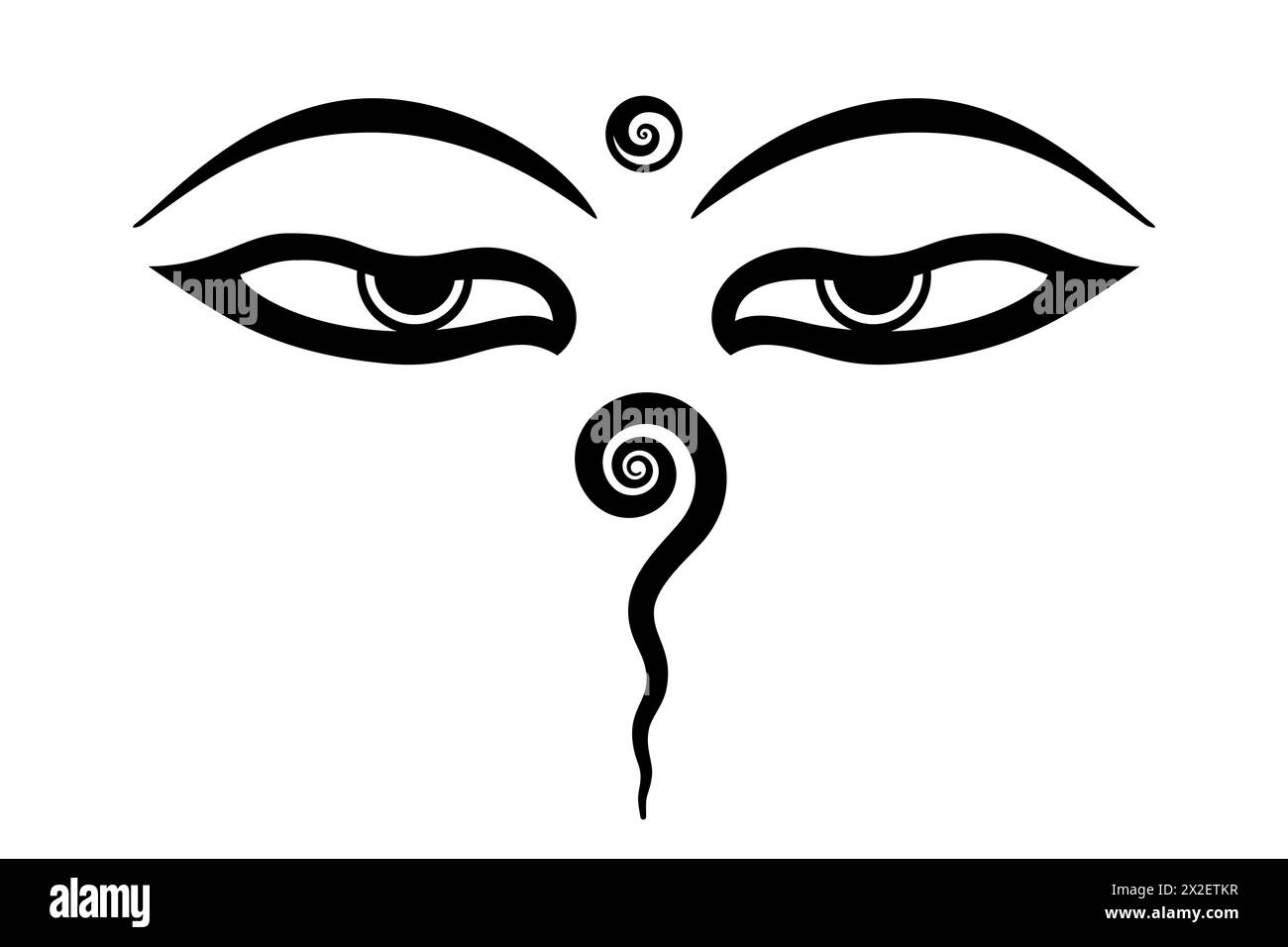 Die Augen Buddhas oder die Augen der Weisheit. Symbol in der buddhistischen Kunst. Halbgeschlossene Augen für die Adamantinsicht. Über Urna, ein Kreis mit Spirale. Stockfoto