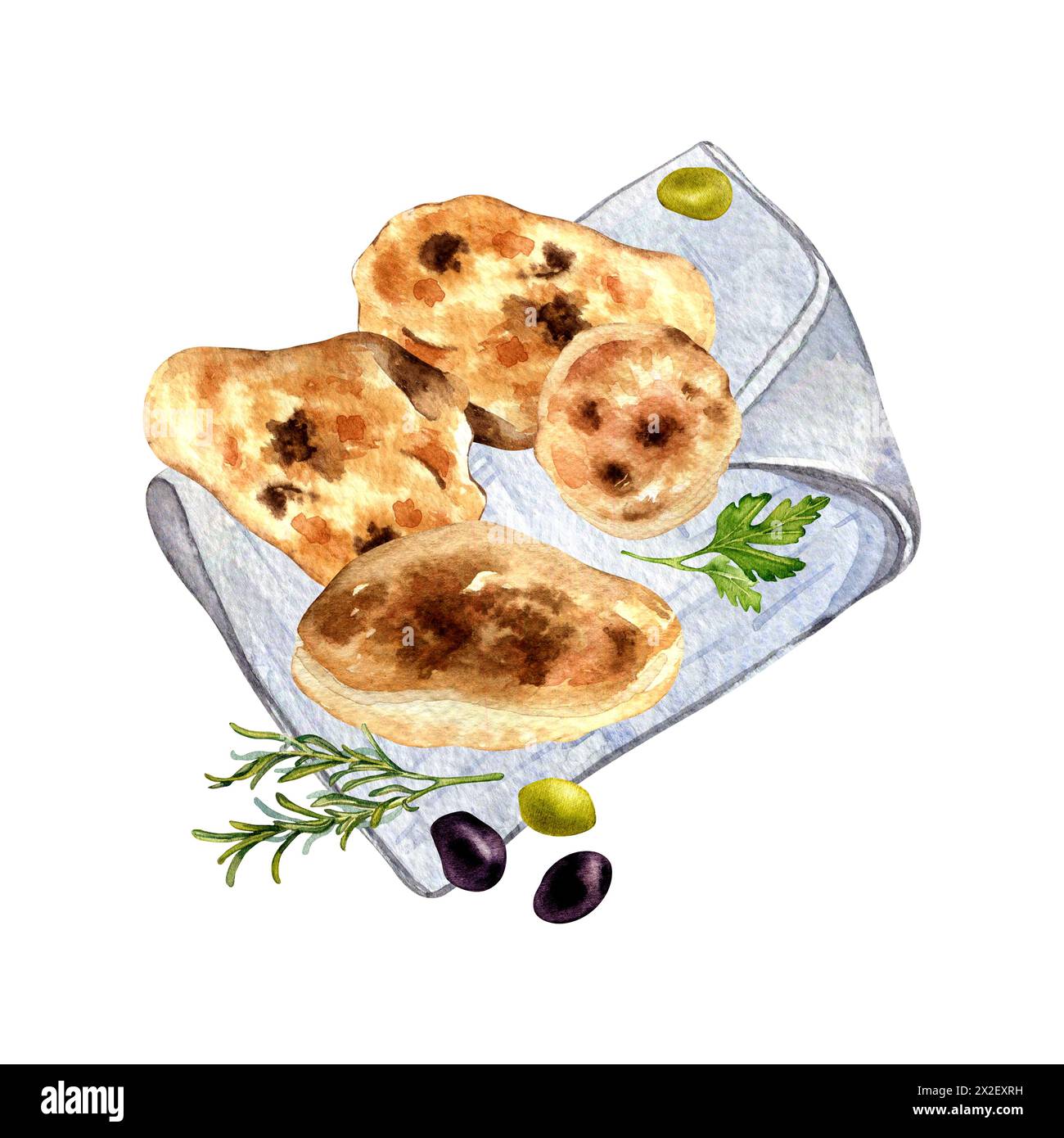 Pitta Ganzes auf einer Baumwollserviette Aquarellillustration isoliert auf weißem Hintergrund. Indischer Naan mit Oliven und Kräutern handgezeichnet. Bemaltes Brot auf ta Stockfoto