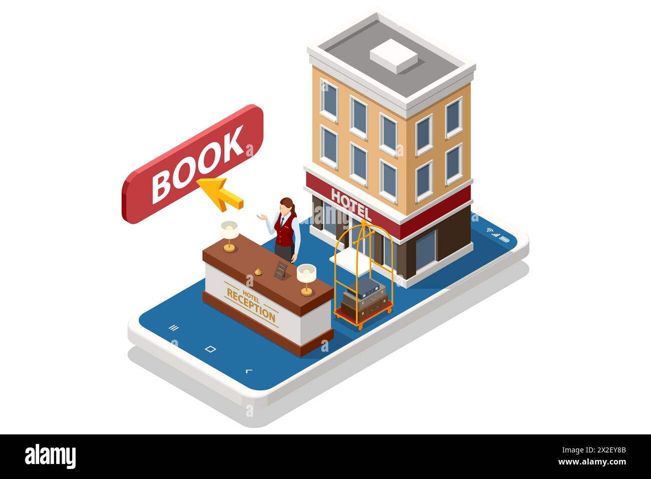 Isometrisches Online-Hotelbuchungskonzept. Zeichen Touren planen und Ziel wählen. Leute, die Hotel buchen und Reservierungen für Urlaub suchen Stock Vektor