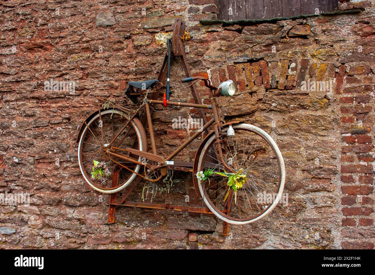 Ein altes rostiges Fahrrad hängt an der Seite einer Scheune, die in den Ardennen, Belgien, fotografiert wurde Stockfoto