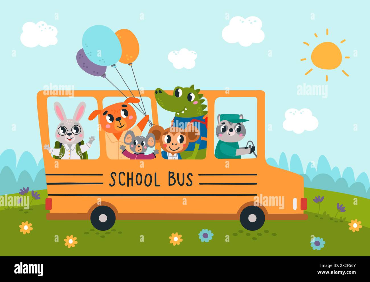 Tierschulbus. Niedliche Tiere, die Schüler zum Unterricht im Transport fahren. Zurück zum Studium, Schüler mit Ballons und Rucksäcken. Cartoon-klassische Vektorszene Stock Vektor