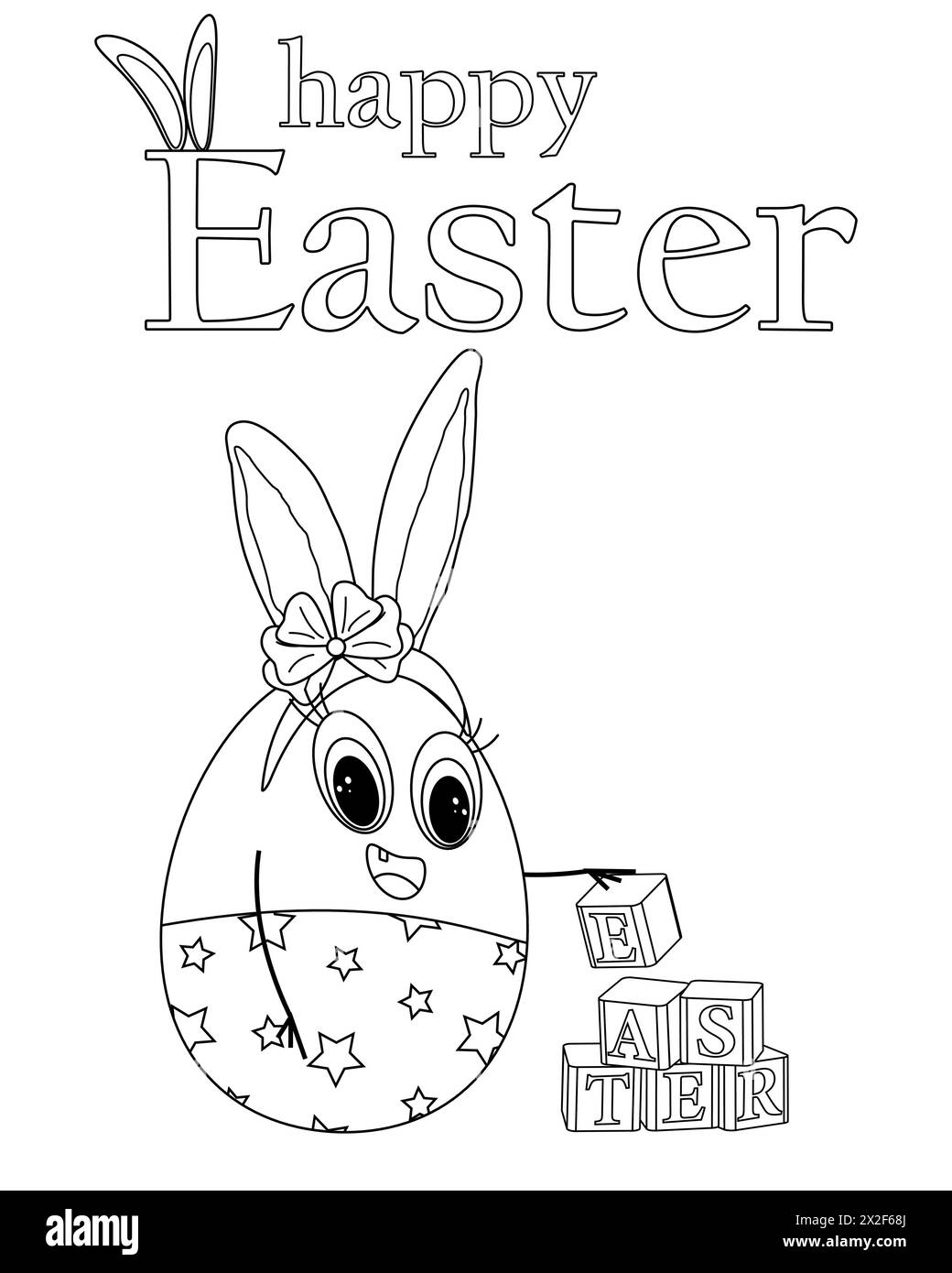 Anthropomorphe Eiermädchen beim Spielen mit Babywürfeln. Happy Easter Inschrift. Malbücher für Kinder. Vektorkonturzeichnung Stock Vektor