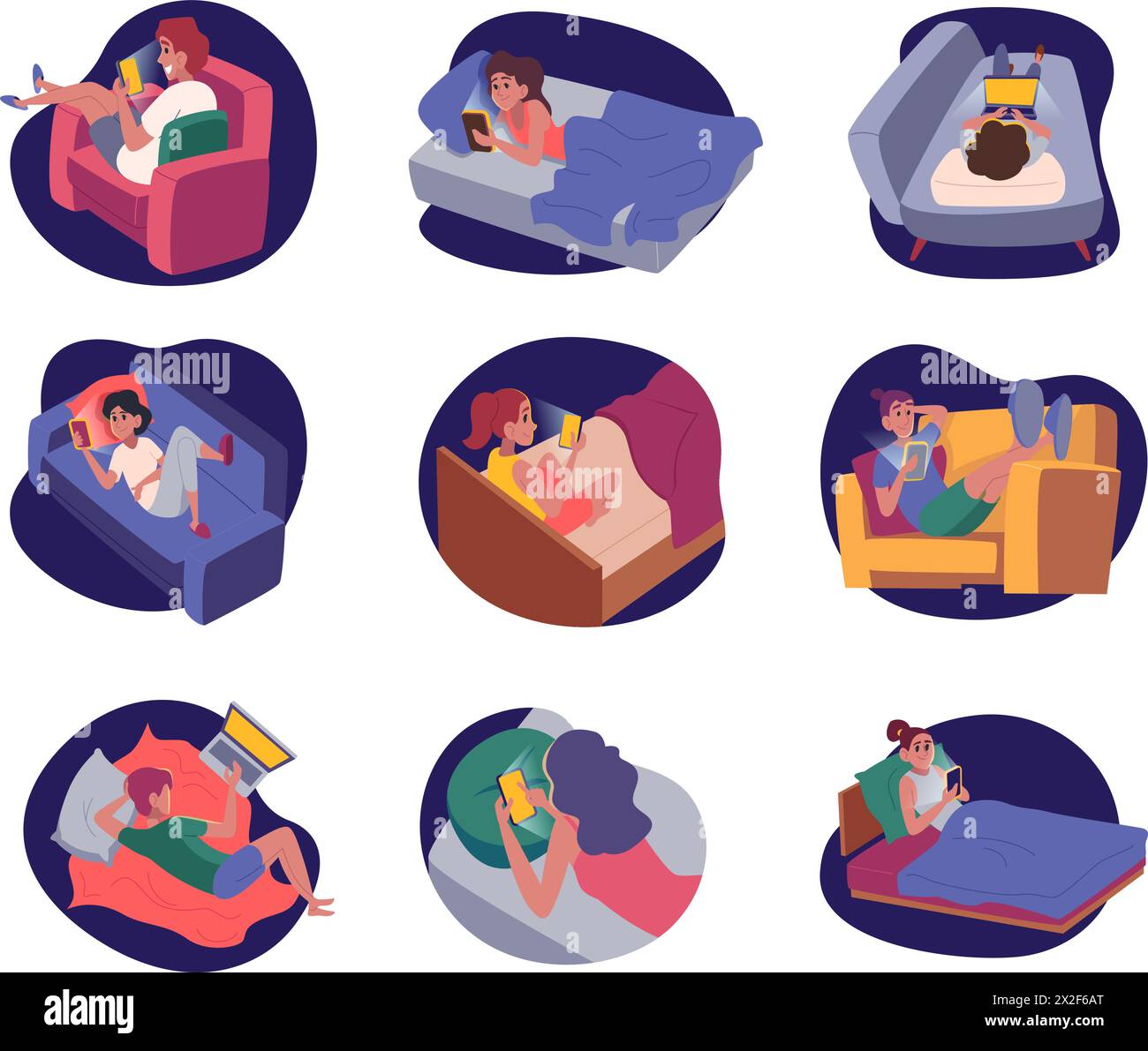 Nächtliches Telefon. Menschen, die Handys im Bett vor dem Schlaf benutzen exakte Vektor-Illustrationen im Cartoon-Stil gesetzt Stock Vektor