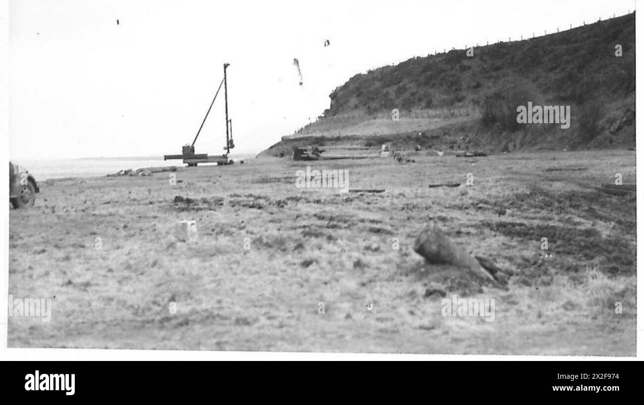 Foto des Hafenbaus in Loch Ryan, Wigtownshire, zeigt Ingenieure der britischen Armee bei der Arbeit an Infrastrukturprojekten. Stockfoto