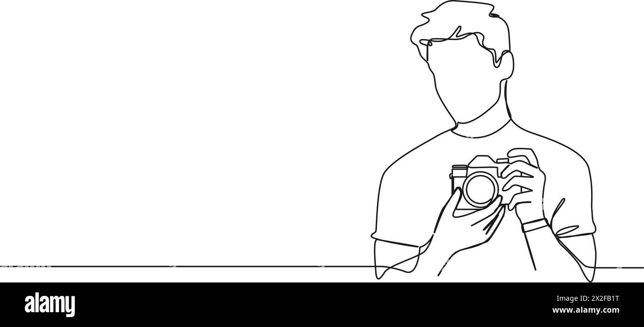 Kontinuierliche Einzeilenzeichnung eines Mannes, der mit Kamera fotografiert, Strichgrafik-Vektor-Illustration Stock Vektor