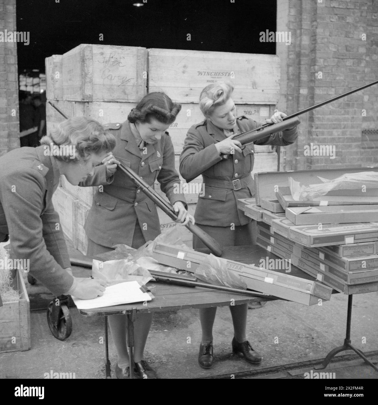 BRITISCHE ARMEE IM VEREINIGTEN KÖNIGREICH 1939-45 – Mitglieder des ATS (Auxiliary Territory Service) im Central Ordnance Depot in Weedon in Northamptonshire, Auspacken von Winchester Gewehren, die aus den Vereinigten Staaten unter den Bedingungen von Lease-Lend, 23. März 1942 British Army, Auxiliary Territory Service Stockfoto