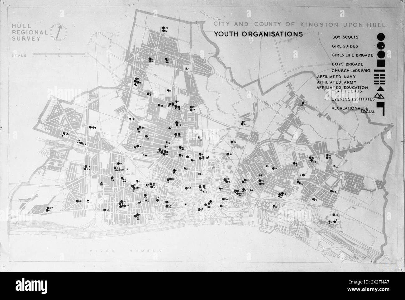 Karte mit der Verteilung von Jugendorganisationen in der Stadt Hull im Rahmen der Nachkriegsplanung und des Wiederaufbaus in Großbritannien. Stockfoto