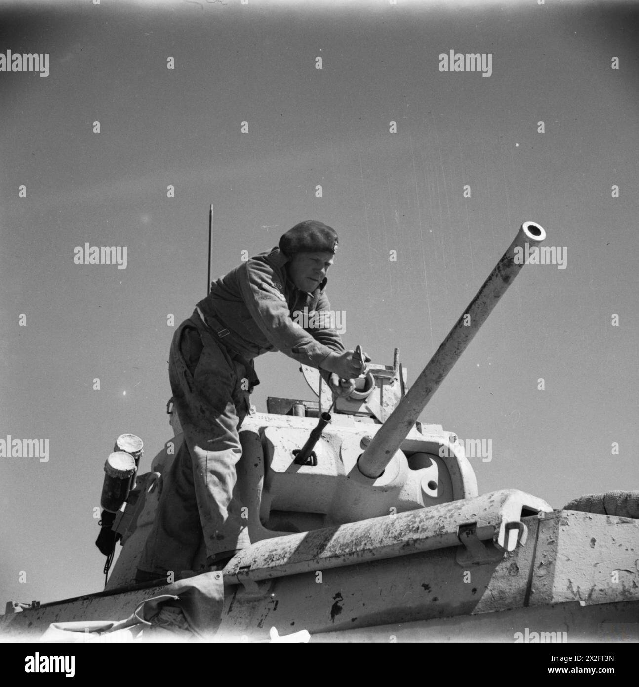 Ein Schütze der britischen Armee reinigt das Fass eines koaxialen Besa-Maschinengewehrs eines Matilda-Panzers in Nordafrika, 1942, während militärischer Operationen. Stockfoto