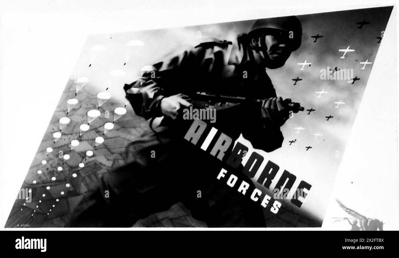 Offizielles Rekrutierungsplakat für die Airborne Forces, entworfen von Lieutenant Abram Games, das die Einschreibung während des Zweiten Weltkriegs fördern sollte Stockfoto
