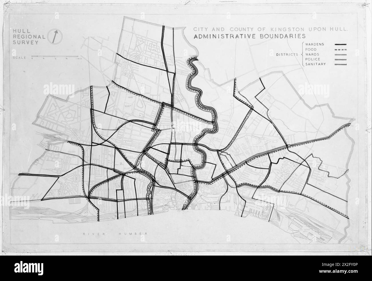 Karten- und Umfragedetails zeigen administrative Grenzen innerhalb der Stadt Hull während der Nachkriegsplanung und des Wiederaufbaus in Großbritannien. Stockfoto