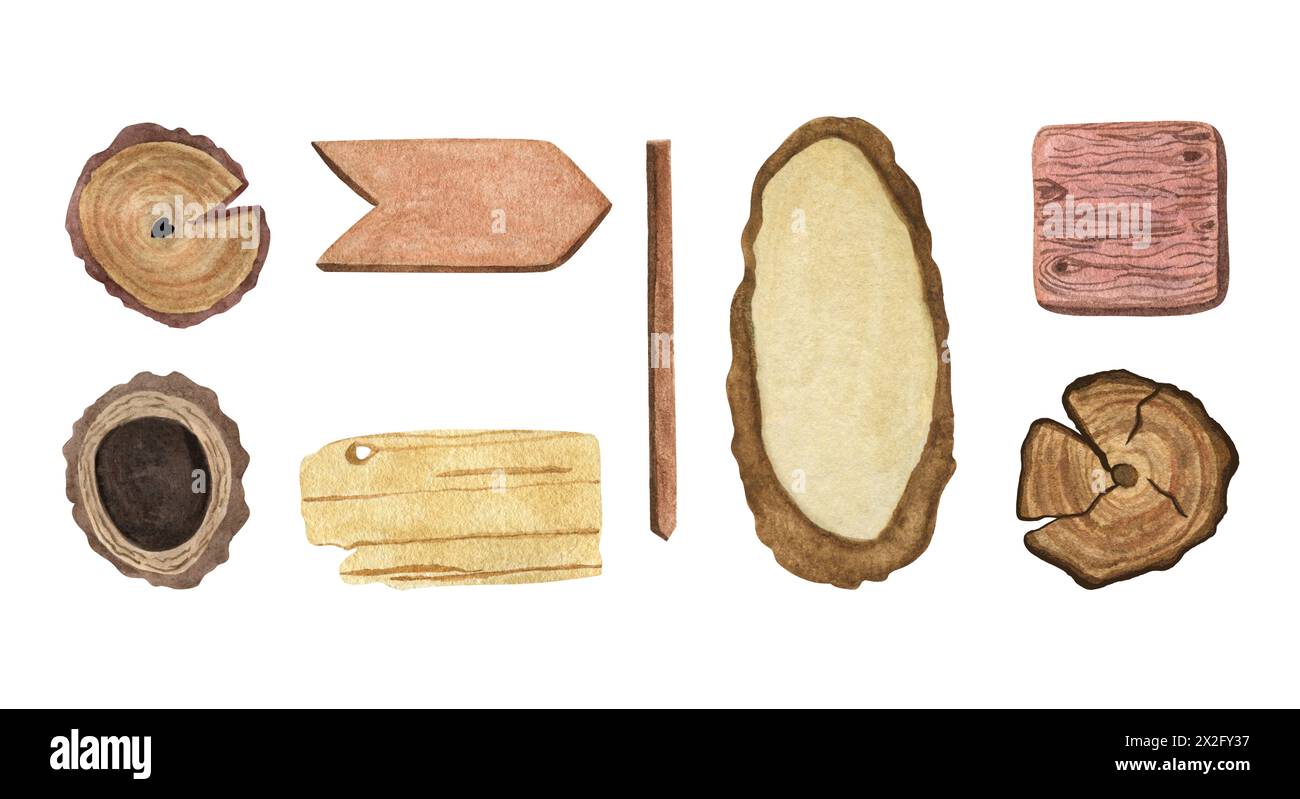 Set, Handmalerei von runden Abschnitten von Baumstämmen und Holzbrettern. Die Abbildung ist Aquarell. Holzstruktur mit verschiedenen Ringen und Rissen. Auf einem wh Stockfoto