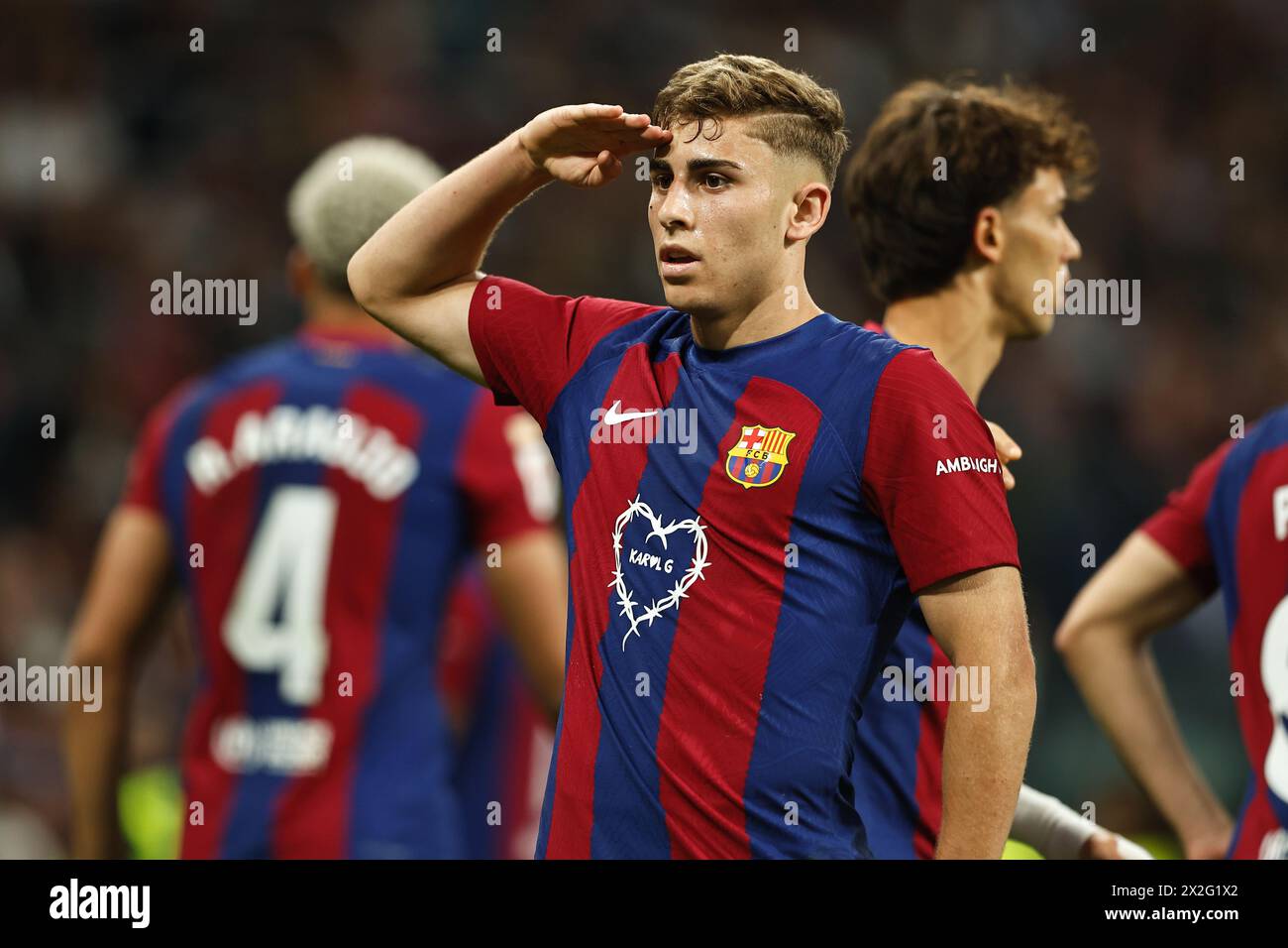 Fermin Lopez (Barcelona), 21. APRIL 2024 - Fußball / Fußball : Fermin Lopez feiert nach seinem Tor während des spanischen Spiels LaLiga EA Sports zwischen Real Madrid CF 3-2 FC Barcelona im Estadio Santiago Bernabeu in Madrid, Spanien. (Foto: Mutsu Kawamori/AFLO) Stockfoto