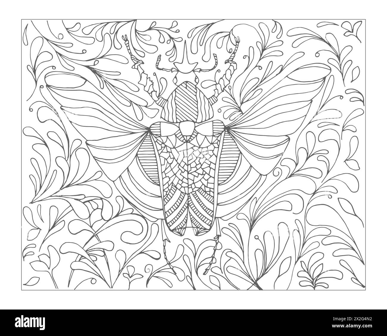 Goliath-Käfer-Färbung ist einfach. Ein von Hand gezeichneter Sketch-Bug zum Entspannen und Anti-Stress. Malbuch, Malseite für Erwachsene mit Doodle, Zentang Stockfoto