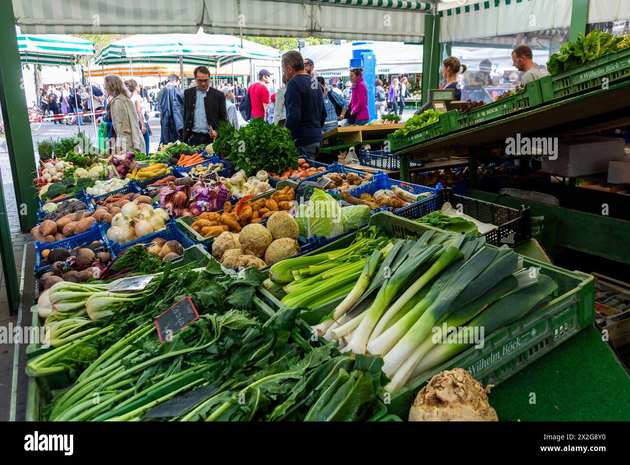 München, Deutschland, Crowd People, Einkaufen, Frisches Essen, Gemüse auf dem öffentlichen Bauernmarkt, dem Stadtplatz, dem Stadtzentrum Stockfoto