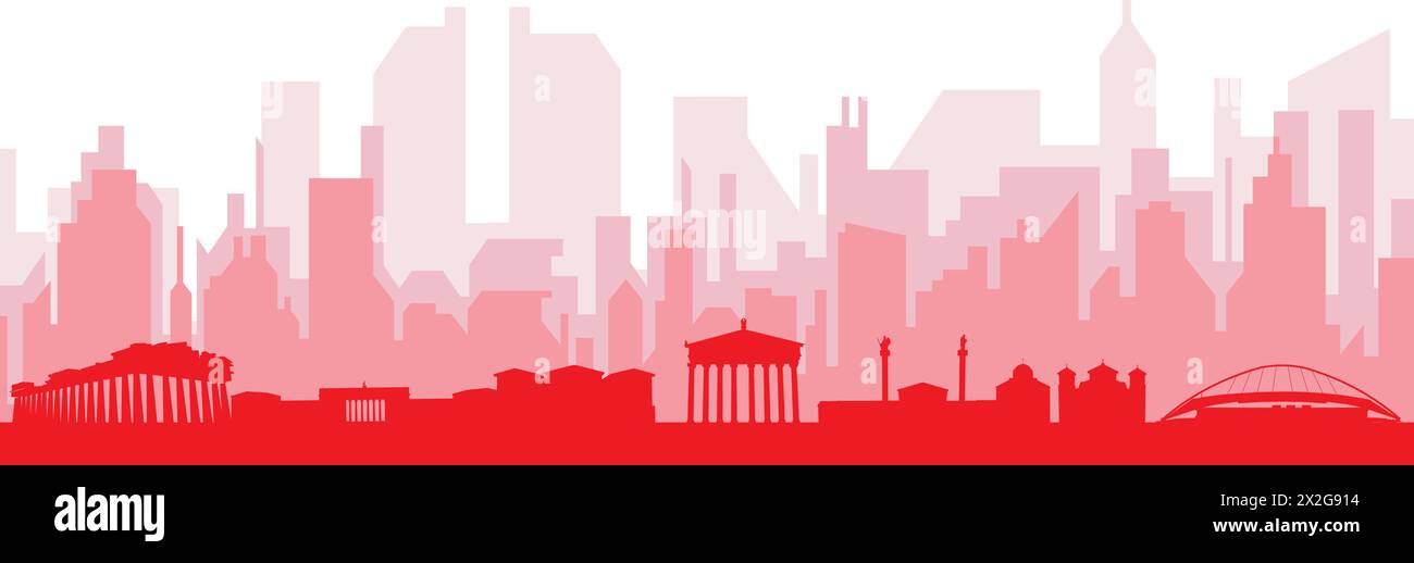 Rotes Poster mit Panoramablick auf die Skyline der Stadt von ATHEN, GRIECHENLAND Stock Vektor