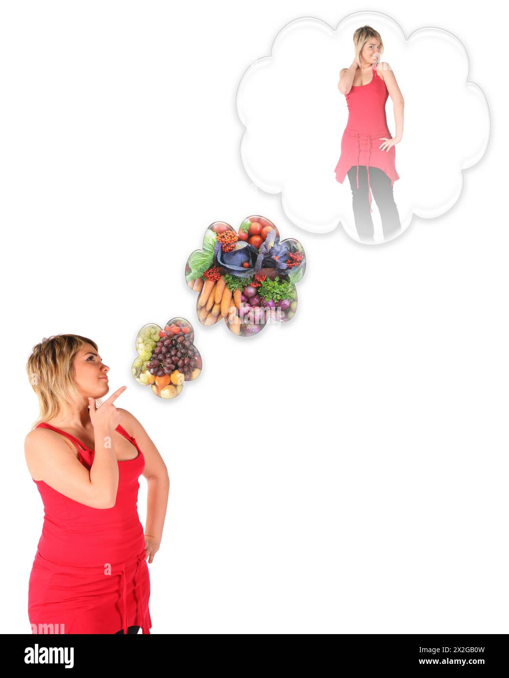 plumpy, junges Mädchen, das an schlanken Körper denkt, mit einer vegetarischen Diät-Collage Stockfoto
