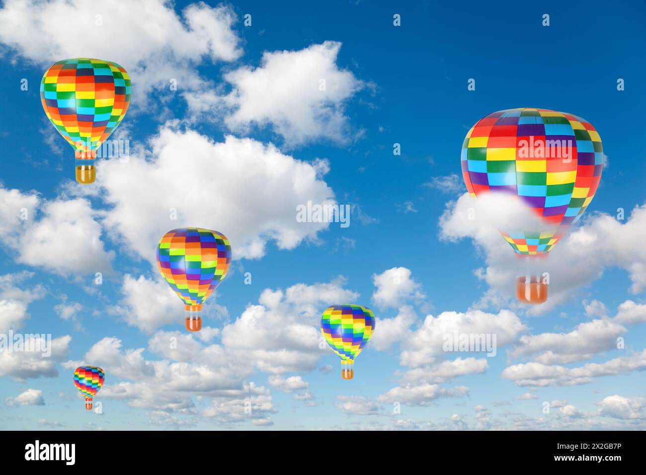 Heißluftballons auf weißen, flauschigen Wolken in blauer Himmelscollage Stockfoto