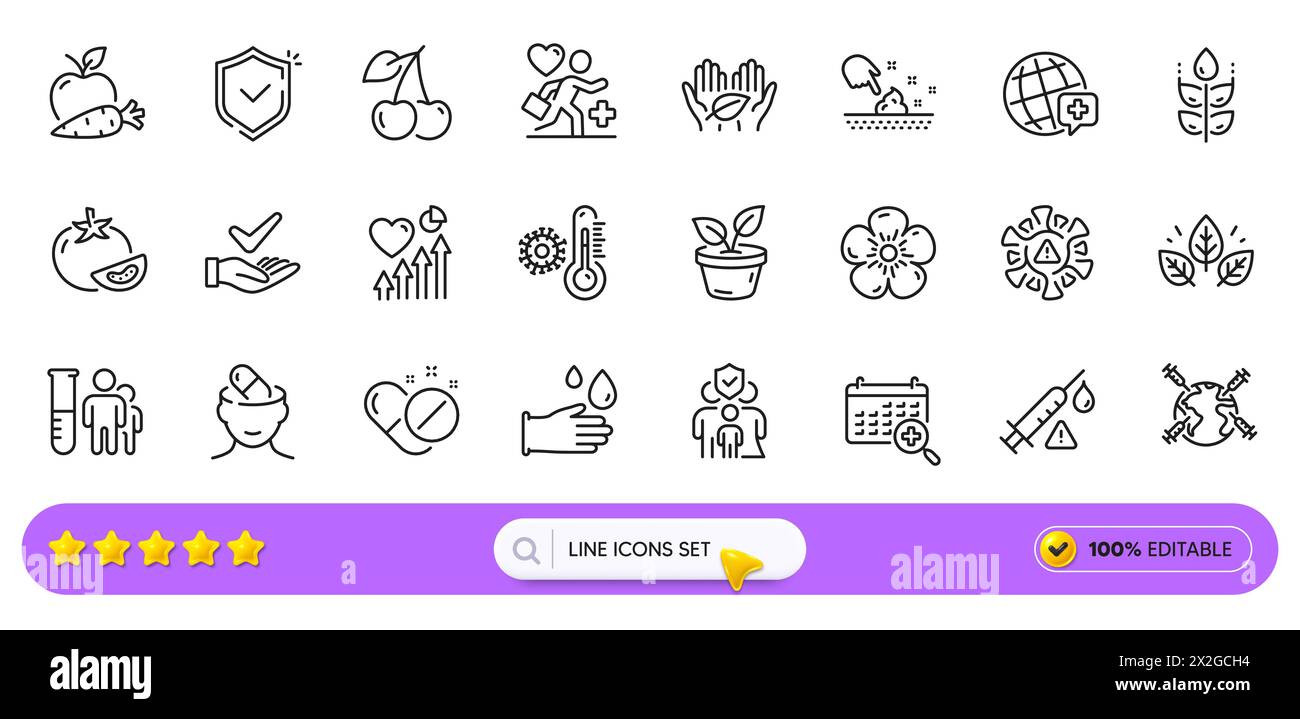 Dermatologisch getestet, World Medicine und Cherry Line Icons für Web-App. Piktogramsymbol. Zeilensymbole. Vektor Stock Vektor