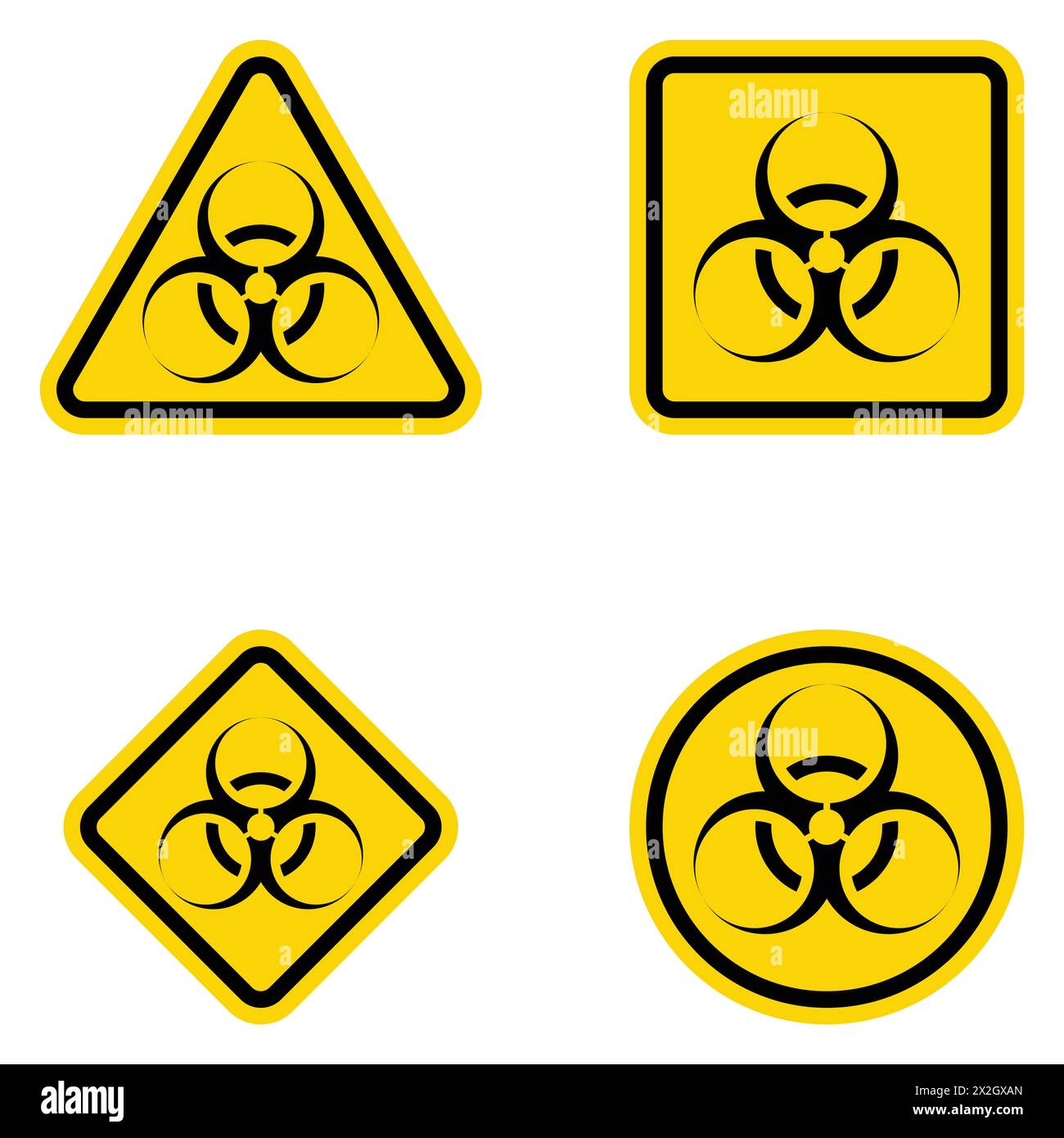 Schildersatz für biologische Gefahren. Gelbes Warnsymbol für „Biohazard“. Substanz. Das Konzept des Epidemievirus und der Quarantäne für die öffentliche Gesundheit zum Schutz Stock Vektor