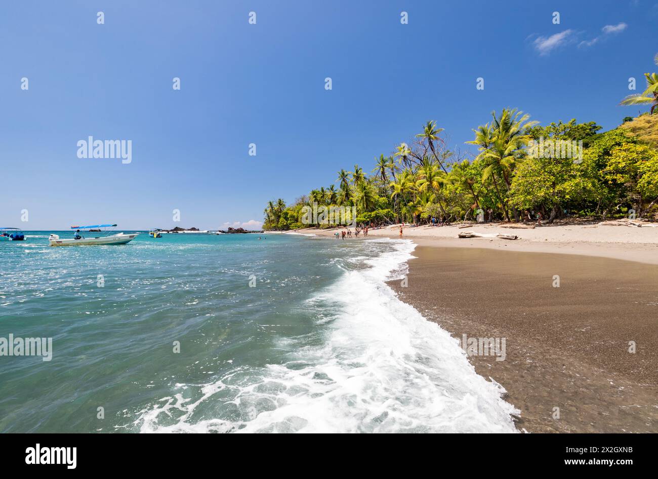 Tropische Küste, blauer Himmel mit Wolken, klares Meer Wasser, wunderschöne Palmen und Wald, ein Ort für einen Traumurlaub und Entspannung Stockfoto