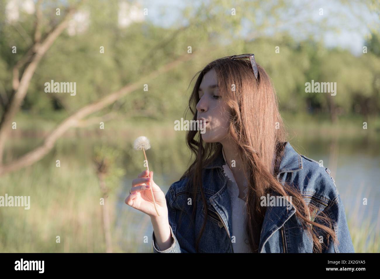 Porträt eines schönen Mädchens mit Löwenzahn. Es passiert irgendwo im Park. Nahaufnahme. Stockfoto Porträt eines schönen Mädchens mit Löwenzahn. Es passiert irgendwo im Park. Nahaufnahme. Stockfoto