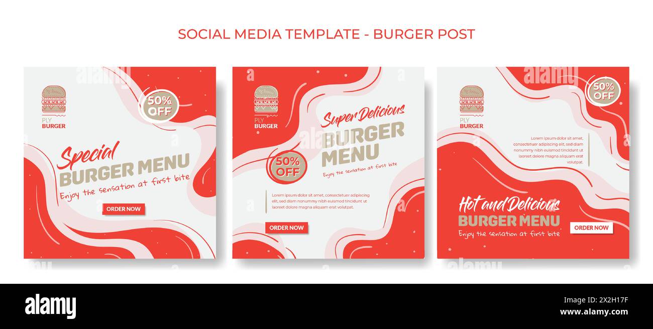 Set von Social-Media-Postschablone in rot-weißem flüssigem Hintergrund für Lebensmittelwerbung mit Burger-Design Stock Vektor