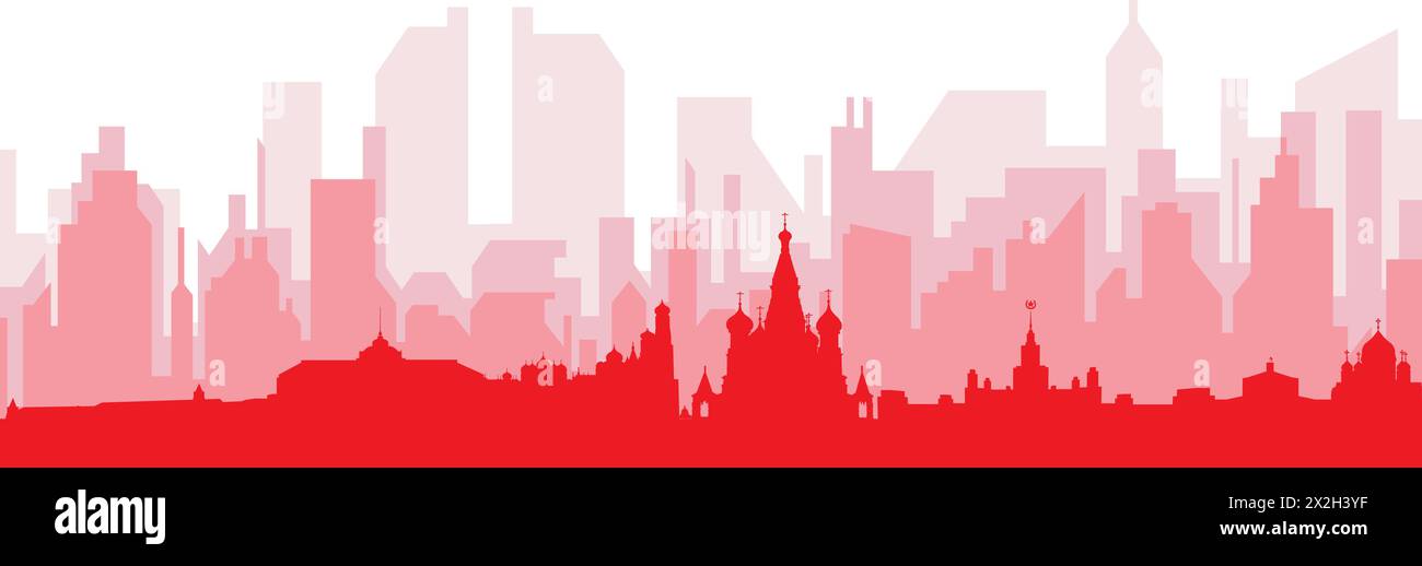Rotes Poster mit Panoramablick über die Skyline der Stadt MOSKAU, RUSSLAND Stock Vektor