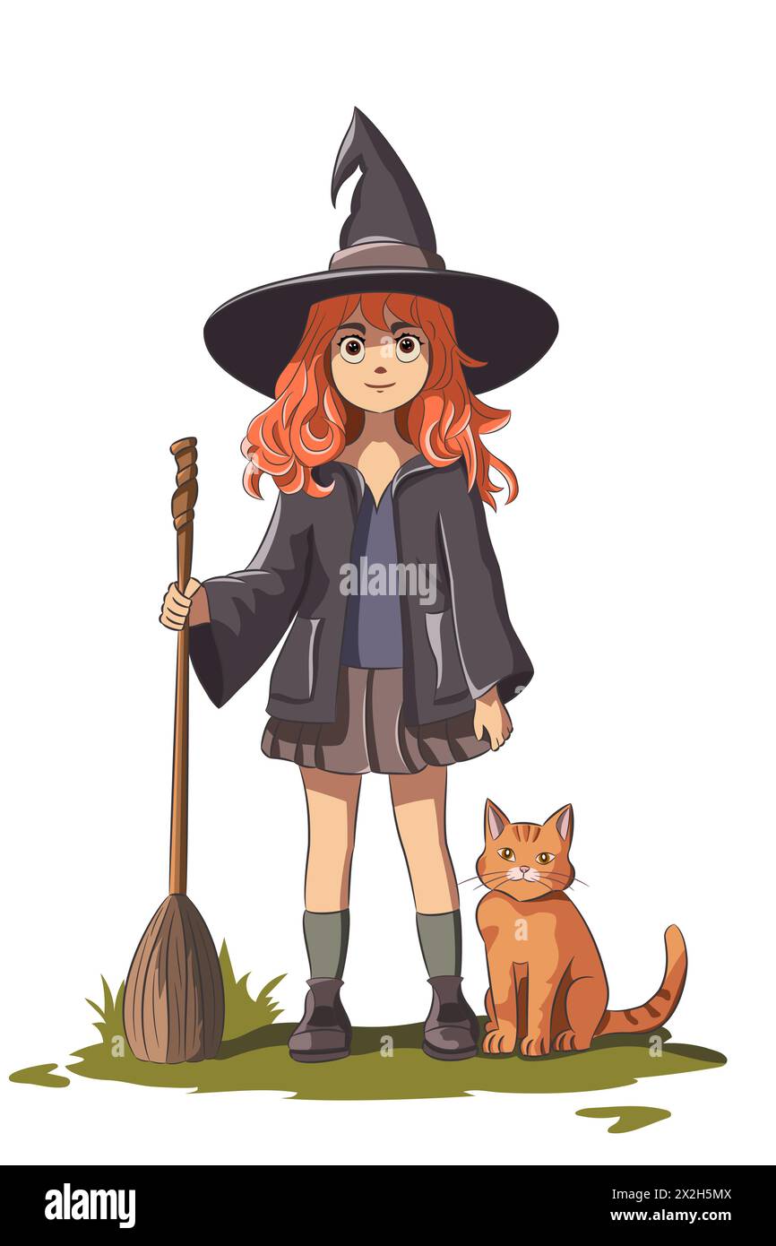 Teenager-Hexe mit Hut, Besen und roter Katze. Stock Vektor