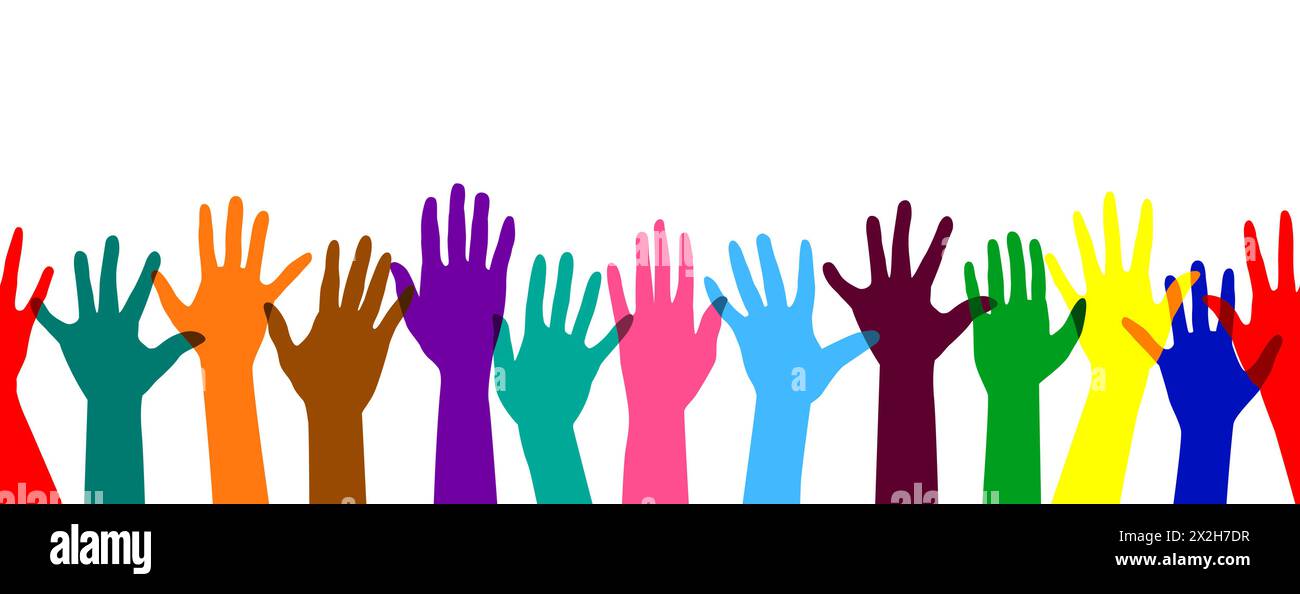 Mehrfarbige Hände Menschen auf weißem Hintergrund. Stock Vektor