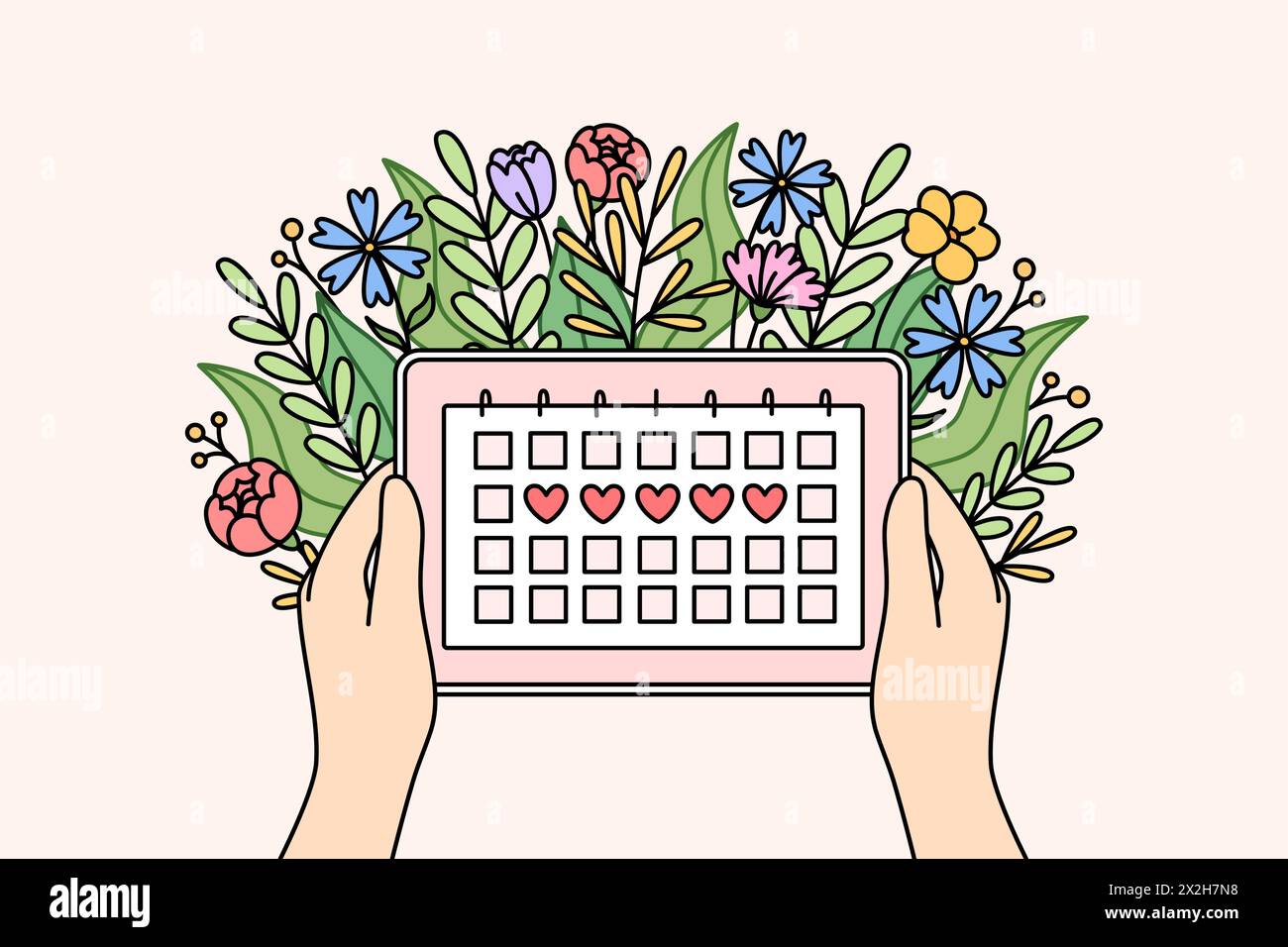 Menstruationskalender in Händen von Frauen und Blumen, zur Gestaltung von gynäkologischen Produkten für Mädchen oder zur Berechnung von PMS. Frauengesundheitskonzept und Tracking von Menstruations- oder PMS-Tagen Stock Vektor