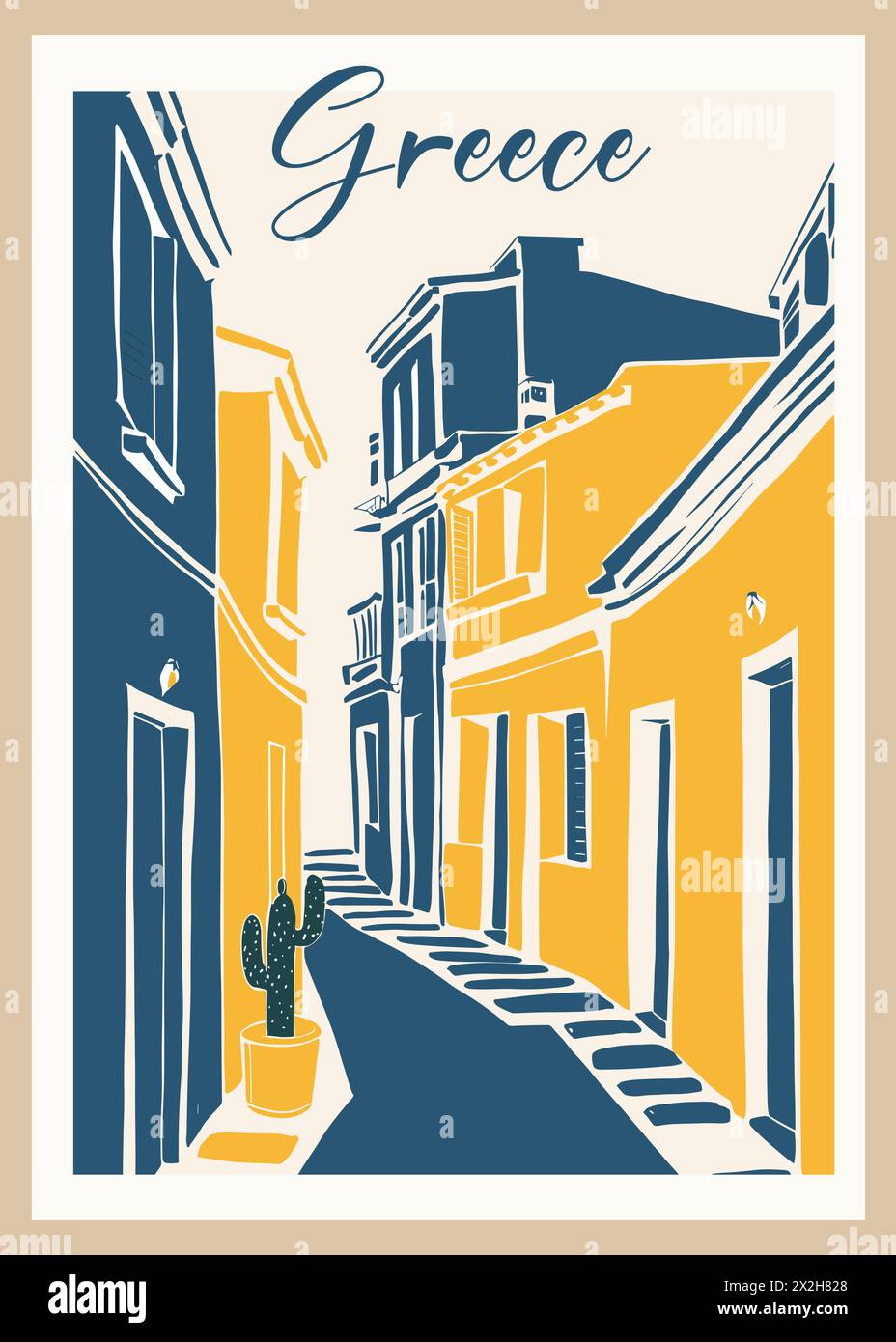 Griechenland Reiseziel Poster im Retro-Stil. Stadtbild mit alten Straßen und Gebäuden Vintage gelbe und blaue Zeichnung im Lithografiestil. Europea Stock Vektor
