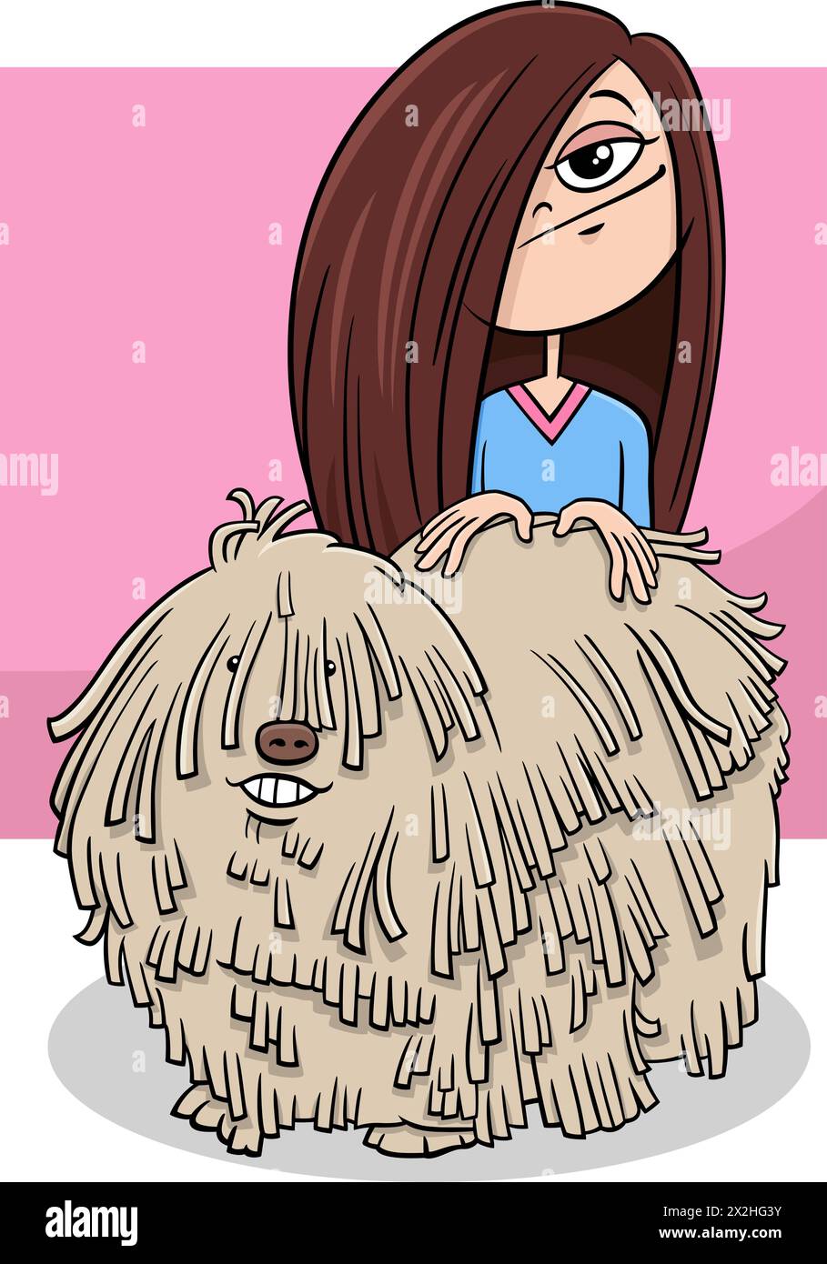 Comic-Illustration eines glücklichen Teenager-Mädchens mit lustiger zotteliger Hundefigur Stock Vektor