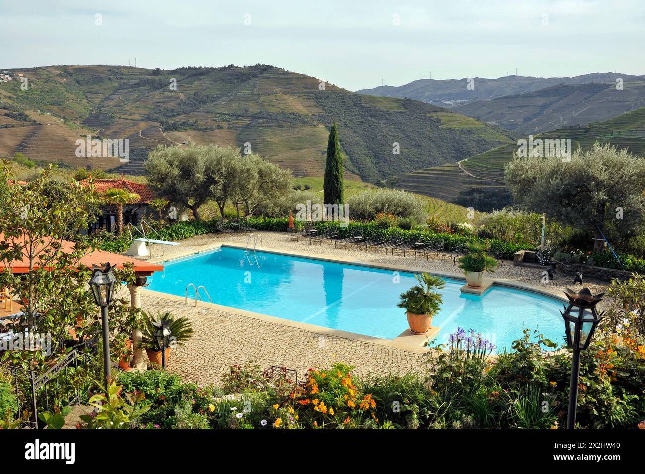 Swimmingpool im Hotel mit Blick auf die terrassenförmig angelegten Hügel in der Weinregion Douro Valley in Portugal, Europa Stockfoto